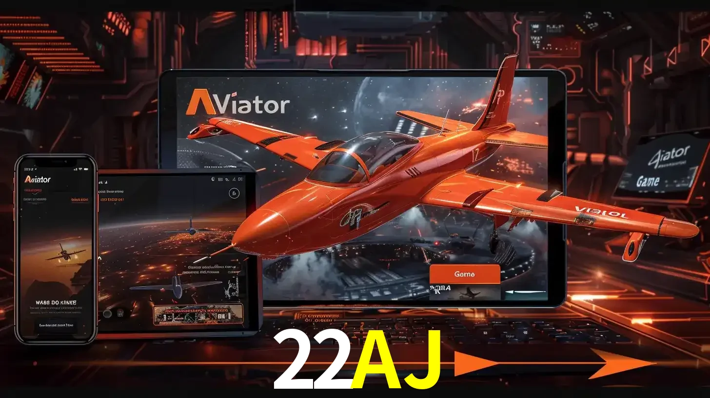 Apresentação tecnológica do jogo Aviator com um avião saindo da tela de um tablet, demonstrando a experiência imersiva em múltiplos dispositivos no 22AJ.