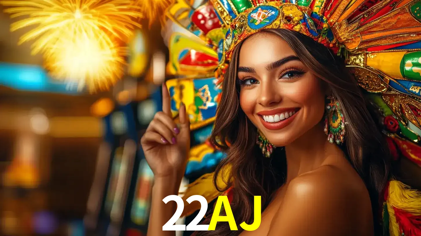 Mulher sorridente com um cocar de carnaval vibrante e colorido, celebrando uma grande vitória nos jogos do cassino 22AJ com fogos de artifício ao fundo.