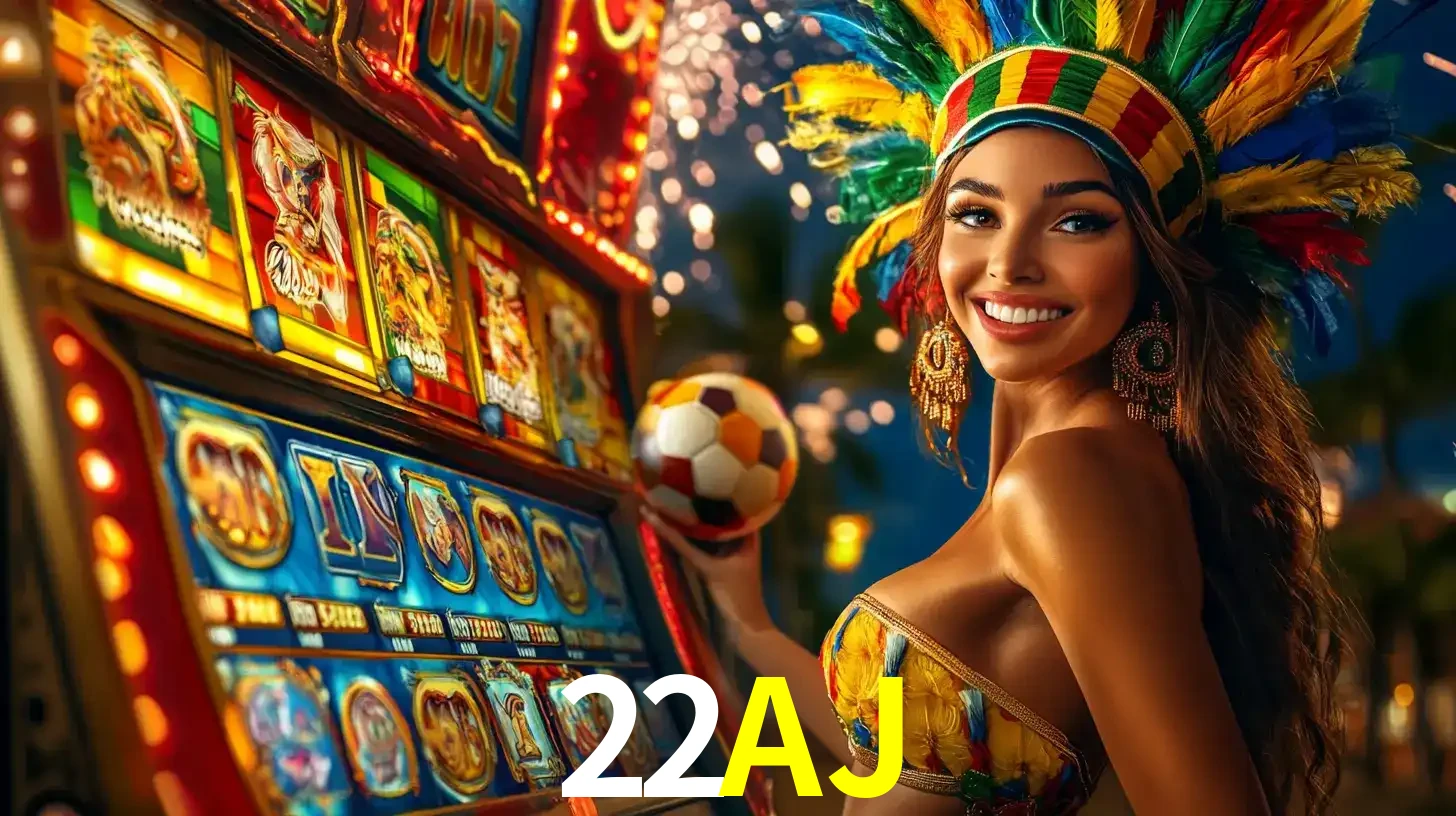 Mulher com um cocar de carnaval ao lado de uma máquina de caça-níqueis enquanto segura uma bola de futebol, mostrando a união da diversão de cassino e esportes no 22AJ.