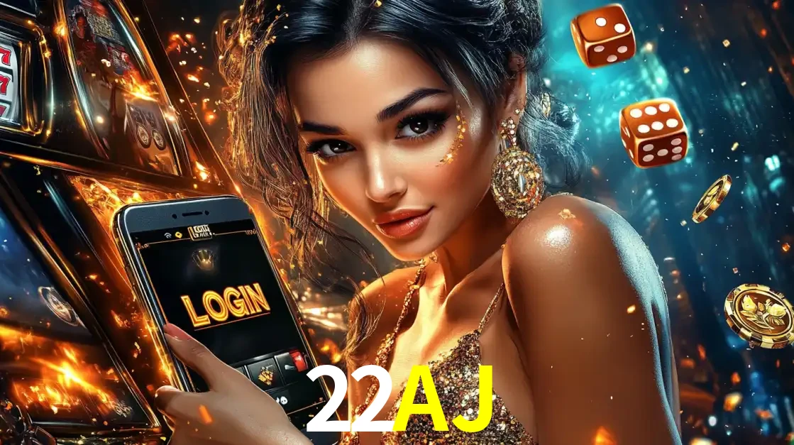 Mulher glamourosa segurando um celular com a tela de login do cassino 22AJ, rodeada por dados e moedas douradas, pronta para começar a diversão.