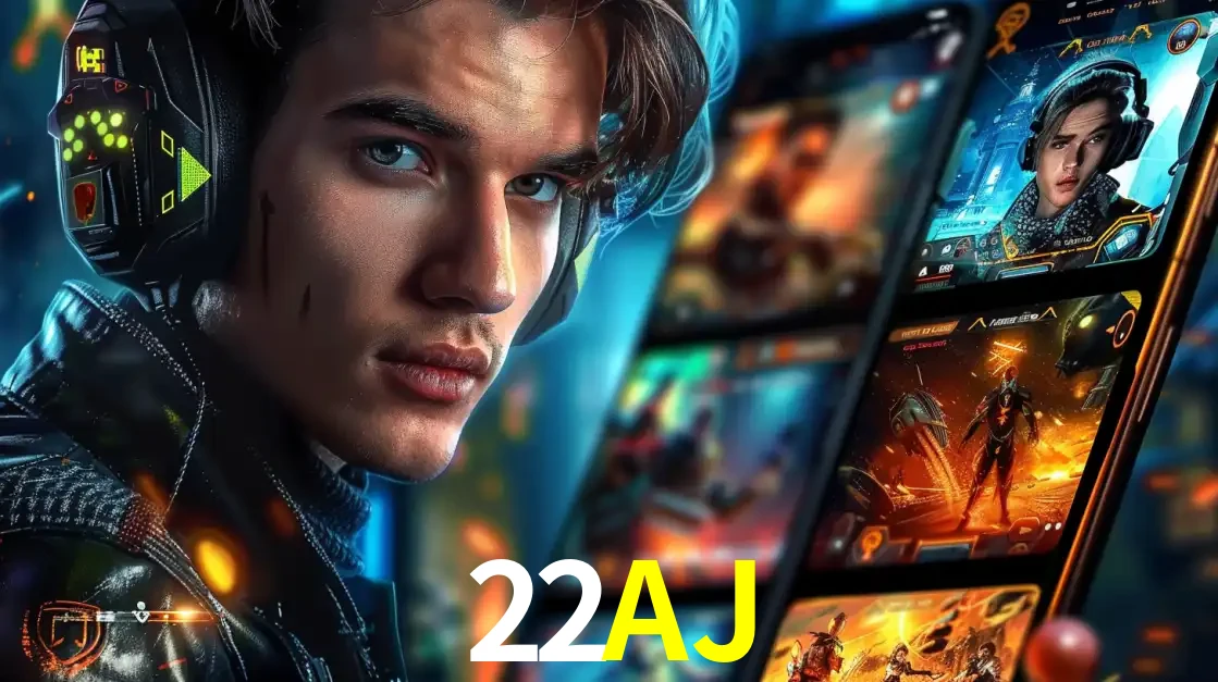 Jovem jogador com fones de ouvido olhando para a câmera, com um aplicativo de jogos e e-sports para celular ao fundo, pronto para a competição e apostas no 22AJ.