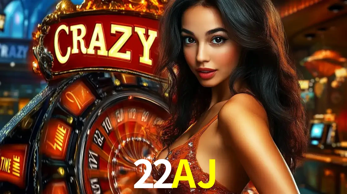 Mulher glamourosa olhando para a câmera com a roda vermelha do Crazy Time ao fundo em um ambiente de cassino, destacando a emoção dos jogos ao vivo no 22AJ.