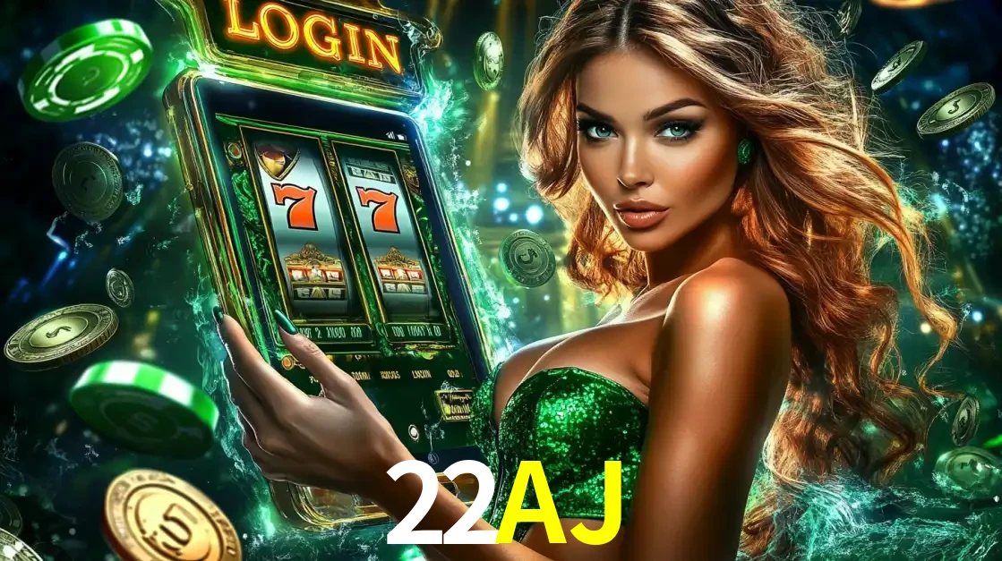 Mulher com tema verde apresentando o aplicativo do cassino 22AJ com um jogo de slot de 777, cercada por fichas de cassino e uma aura de sorte.