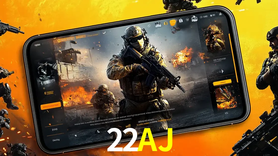 Um smartphone exibindo a interface de um jogo de tiro em primeira pessoa, com um soldado em um cenário de batalha, representando a ação dos e-sports para apostar no 22AJ.