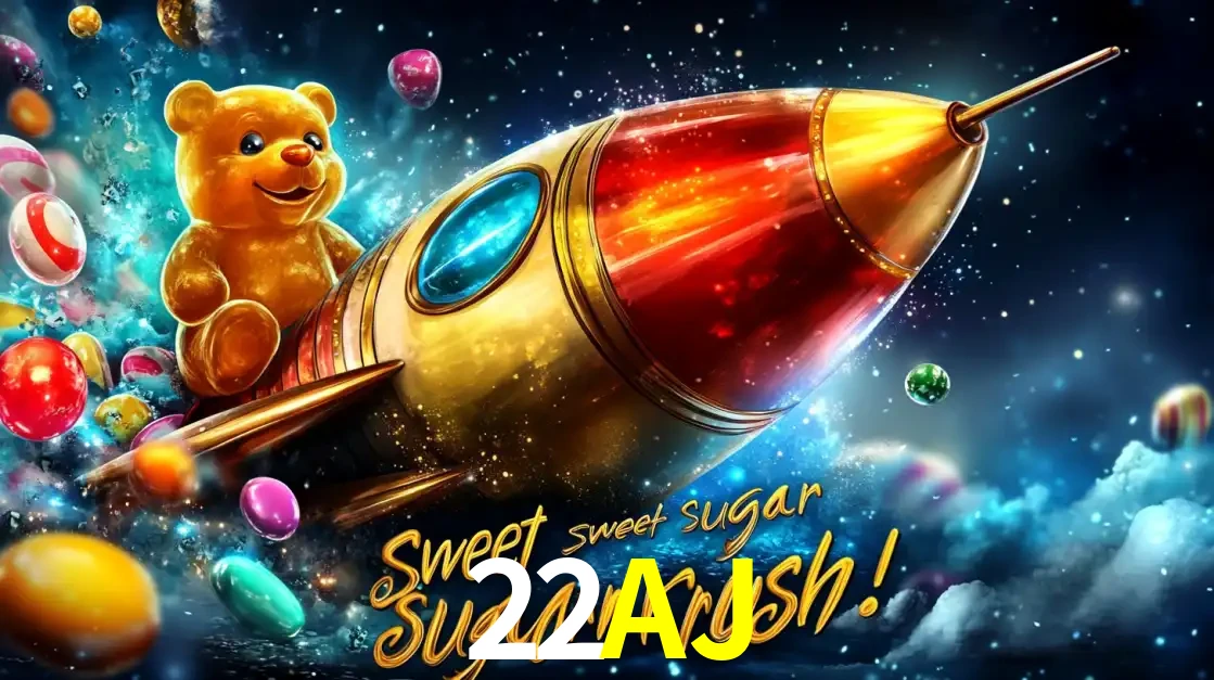 Arte promocional do jogo de slot Sugar Rush, com um urso de pelúcia em um foguete viajando pelo espaço de doces, um dos jogos divertidos disponíveis no cassino 22AJ.