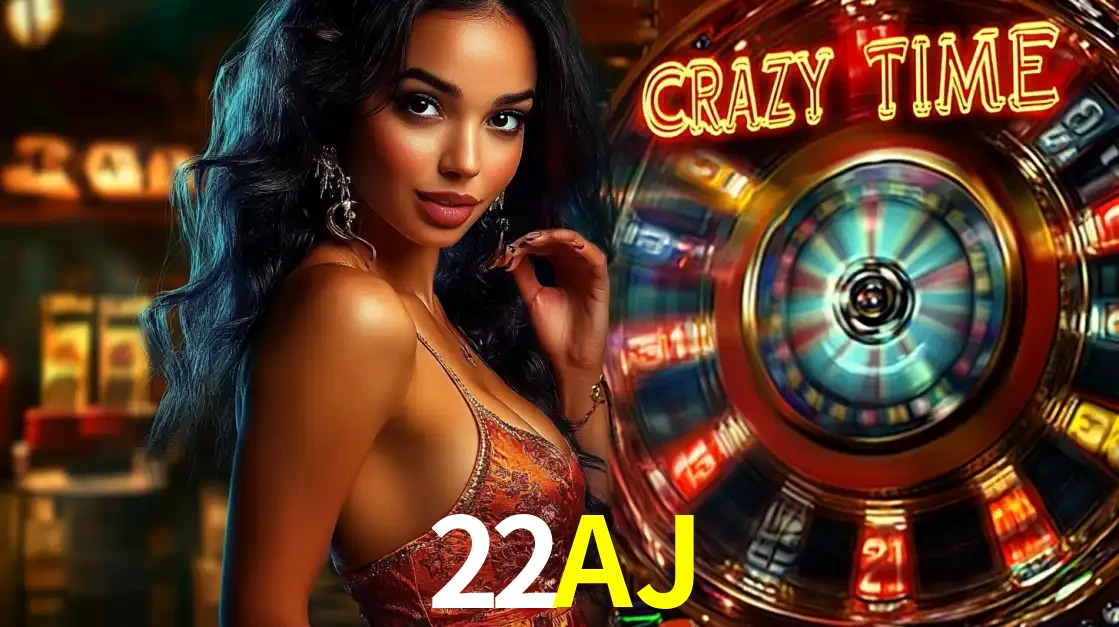 Mulher elegante ao lado da vibrante roda da fortuna do jogo de cassino ao vivo Crazy Time, um dos game shows mais populares e cheios de prêmios do 22AJ.