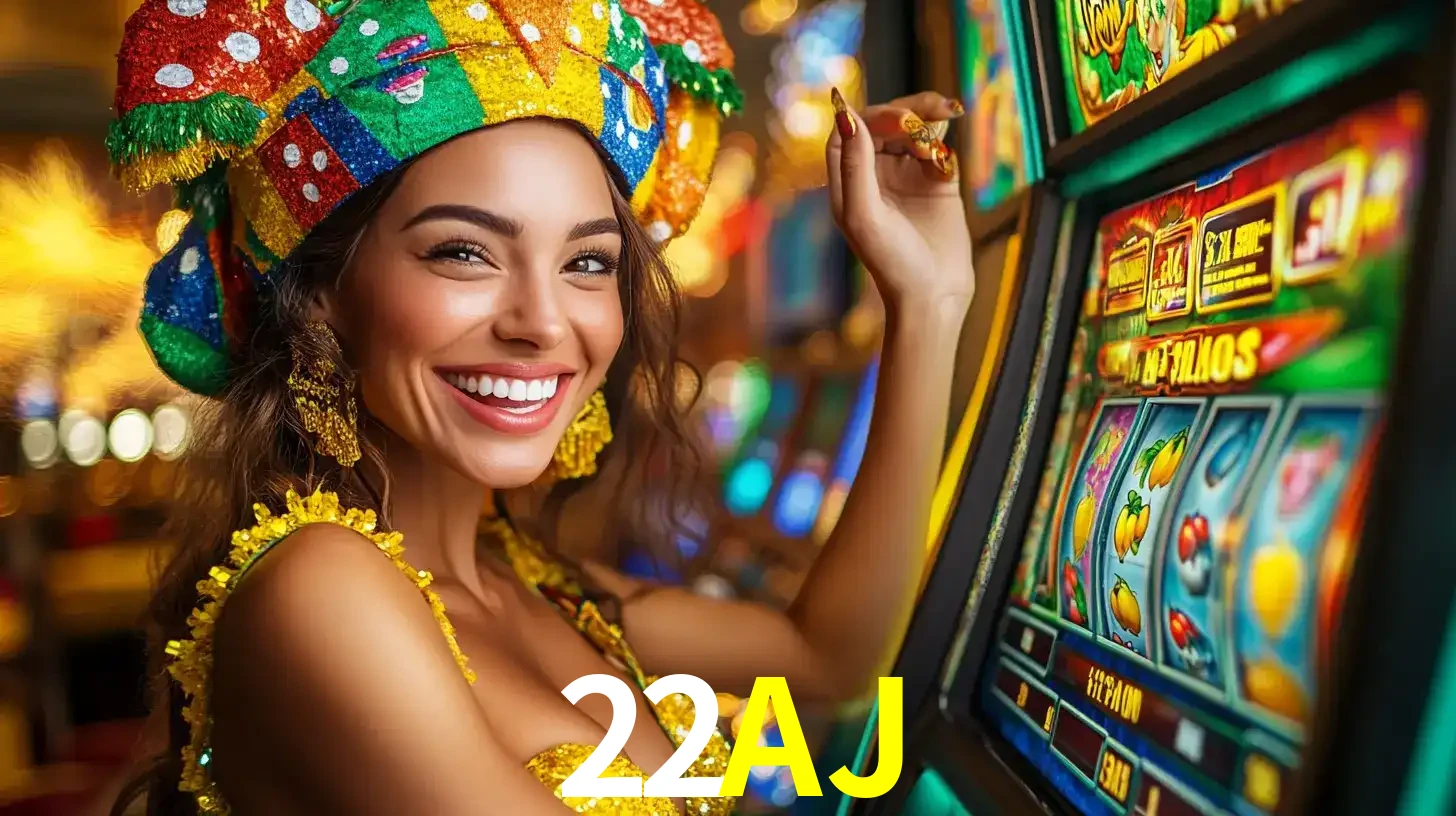 Mulher feliz com traje de carnaval amarelo e colorido ao lado de uma máquina de caça-níqueis, aproveitando a diversão e os jogos temáticos do cassino 22AJ.