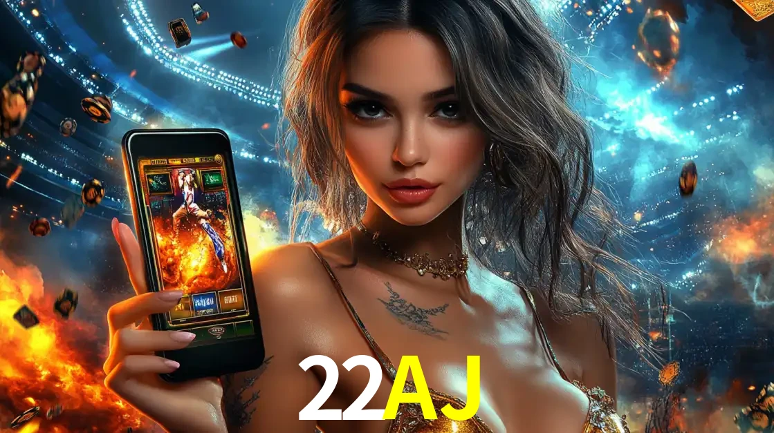 Mulher segurando um celular com um jogo de slot em destaque, tendo como fundo um estádio vibrante, simbolizando a emoção de jogar no cassino móvel 22AJ.