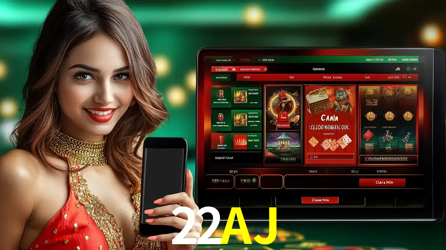 Mulher sorridente segurando um smartphone, ao lado de uma tela exibindo o lobby de jogos do cassino online 22AJ, com várias opções de jogos de cartas e slots.
