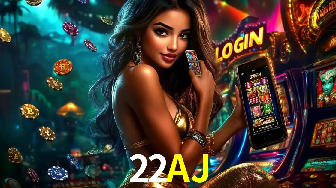 Mulher em um cenário de cassino temático de aventura, mostrando o app de caça-níqueis da 22AJ no celular. Fichas de apostas flutuam ao redor.