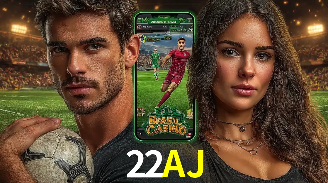 Homem segurando uma bola de futebol e uma mulher ao lado de um smartphone exibindo o jogo de apostas esportivas da 22AJ. Faça seu palpite no cassino online.